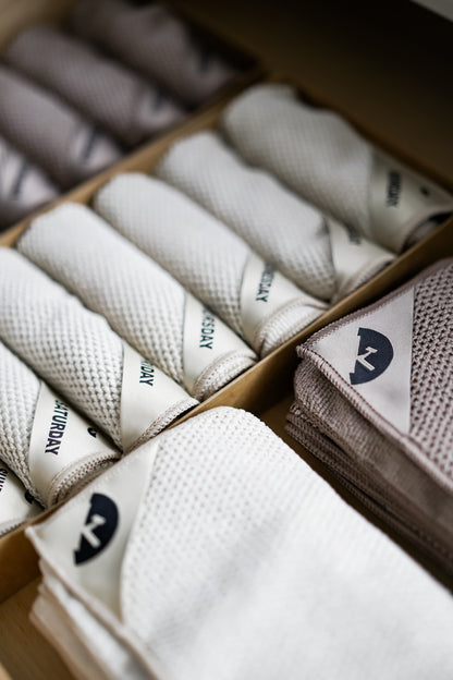 Almond | Klud Wafelmotief SET – 2 keukendoeken + 7dagen-vaatdoekjes